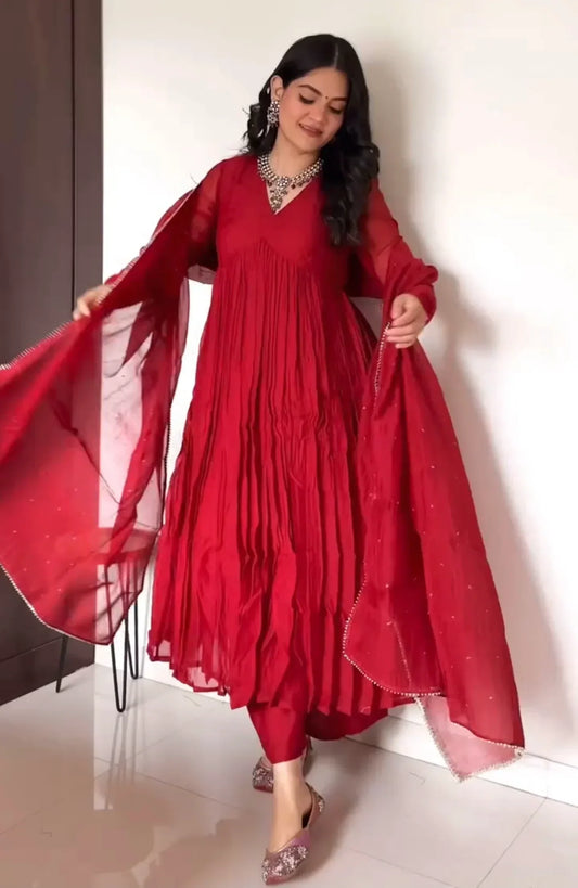 Mul Cotton Anarkali with Churi Sleeves Set of 3