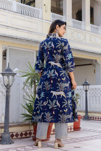 Green and Blue Hand Block Tiger Print Cotton Kurta Set